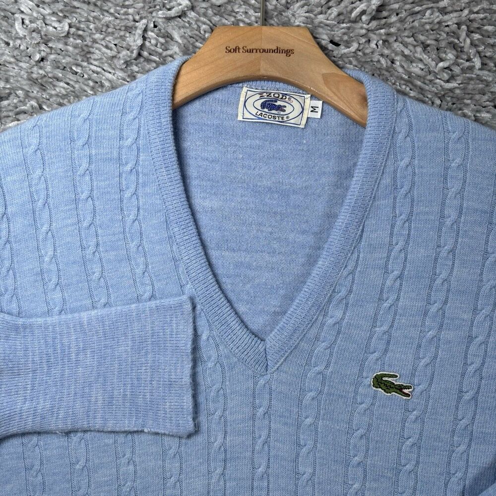 VINTAGE IZOD LACOSTE V-Neck Sweater Mens Medium Baby Blue Cable-Knit Pullover